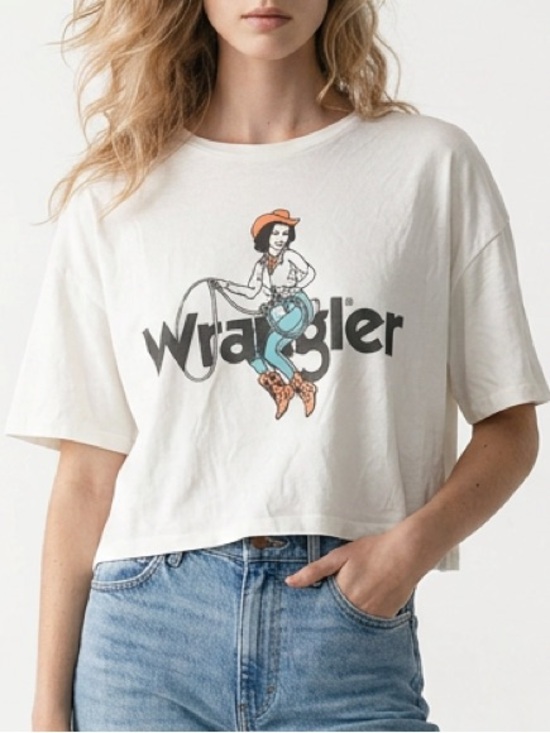 Wrangler Tops - Wrangler White Cropped Tee with Orange and Teal Cowgirl Graphic